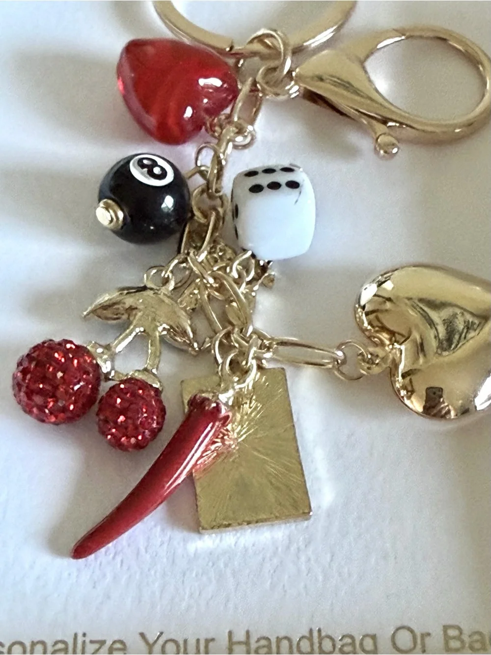 Persimmons NWT Gold Tone Red Charm Keychain with Hearts, Dice & Playing Card